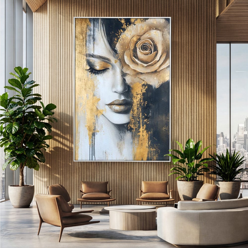 Tablou canvas cu tablou canvas portret feminin cu trandafir auriu, in rama de aluminiu argintiu, pe perete intr-un birou